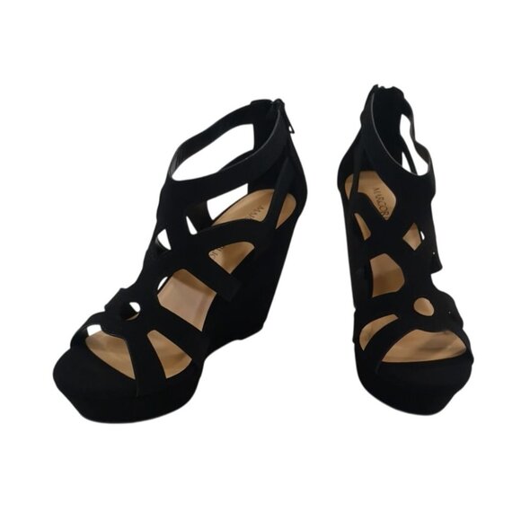 Black Strappy Open-Toe Wedge Sandals With Back Zipper Closure For Women, Size 8. - Picture 4 of 8